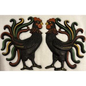 Vintage Cast Iron Rooster Decor Wall Plaque Chicken Barn Antique Set of 2